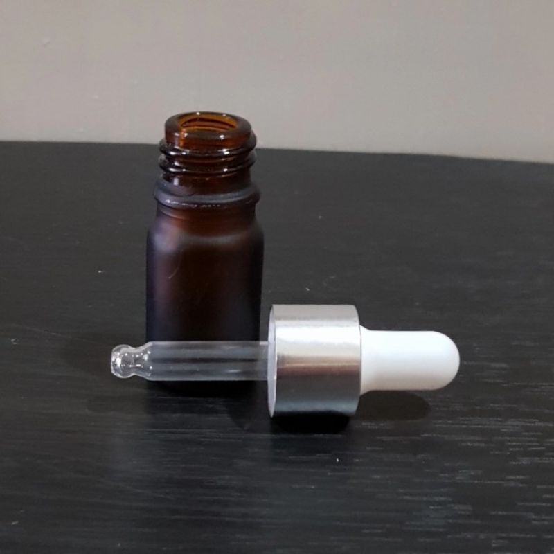 botol kaca pipet 5ml frosted / doff coklat amber - ring almunium silver