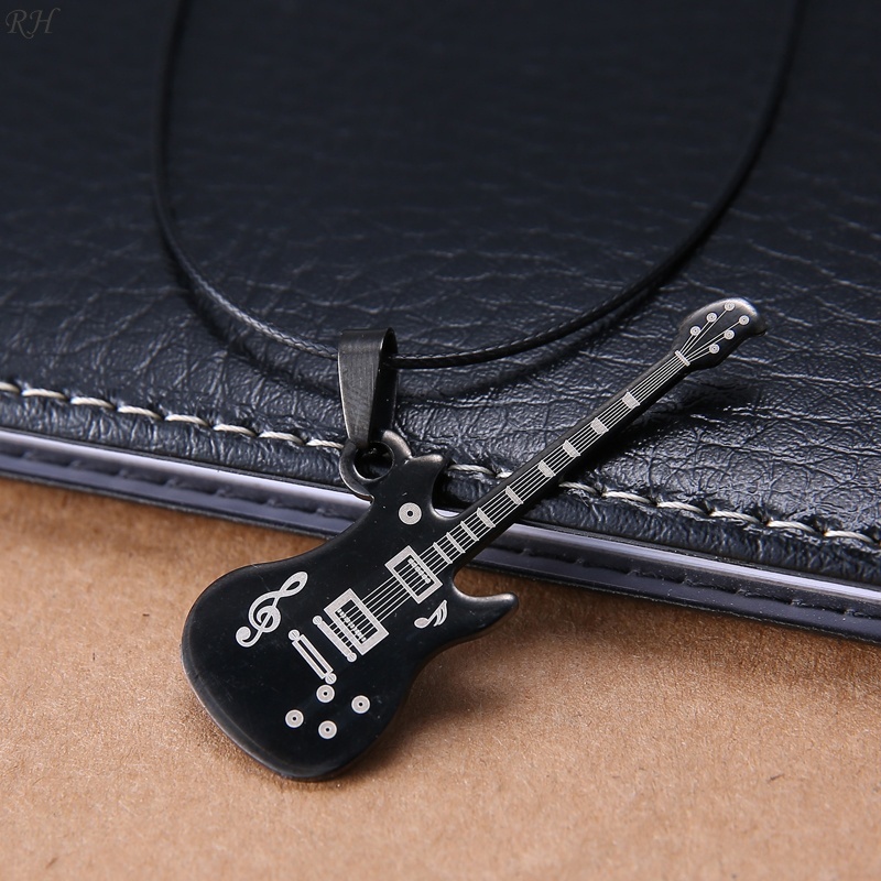 Kalung Rantai Kulit Liontin Gitar Bahan Stainless Steel Warna Hitam Untuk Pria