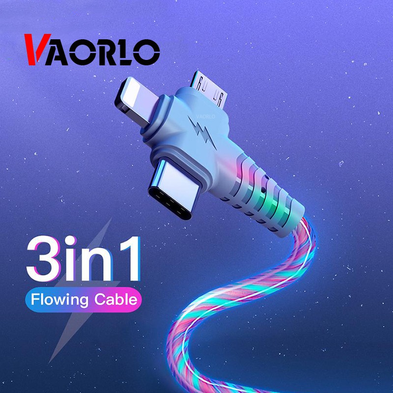 3 in 1 Kabel Charger Micro USB Tipe C 8 Pin Dengan Lampu LED Luminous