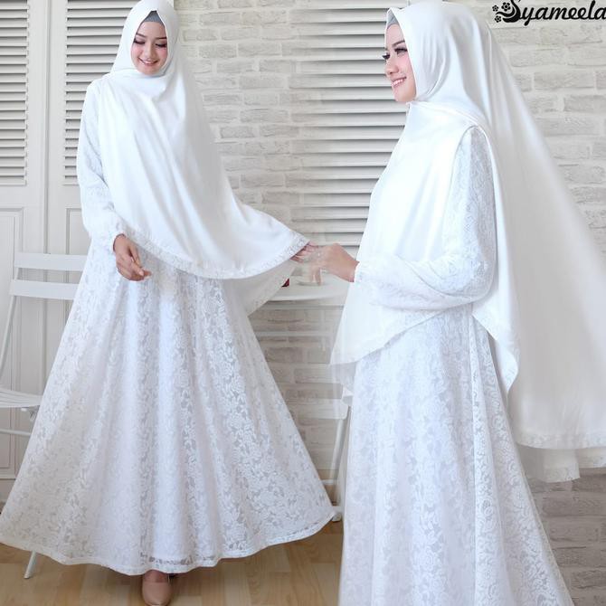 SETELAN GAMIS PUTIH SYARI WHITE BROCADE BAJU UMROH GAMIS BRUKAT TILE /Fashion Muslim Wanita
