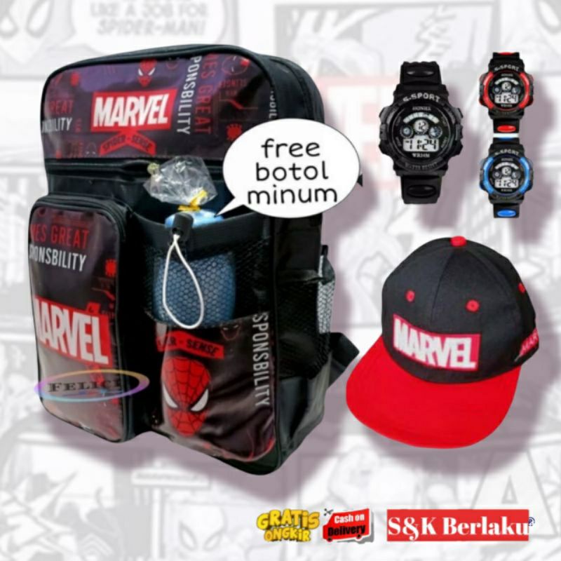 Paket Hemat kumplit Tas Ransel sekolah Karakter Marvel Topi baseball_Jam tangan digital