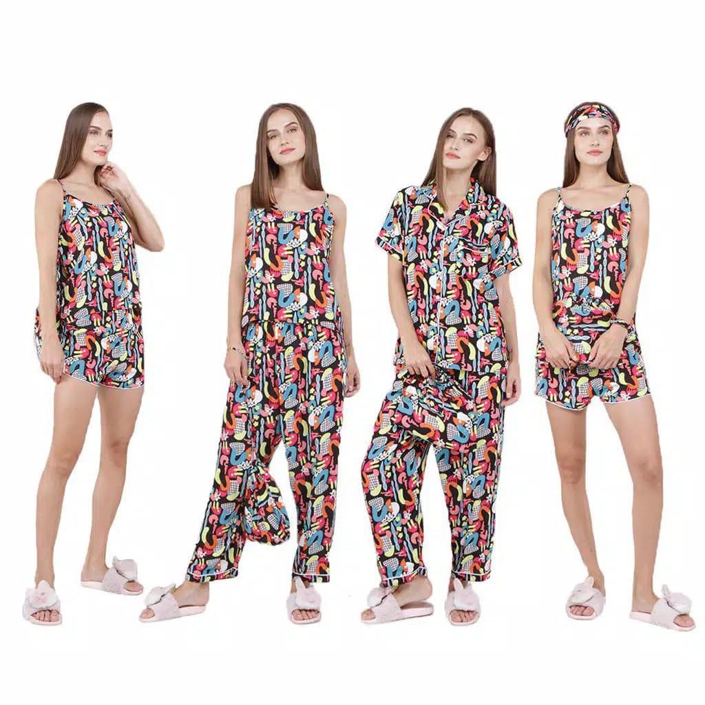 SET PIYAMA SATEN PREMIUM 7IN1 & RAYON 7IN1 READY STOK Kyoro Beauty 7 in 1 - celline-KIARRA HITAM