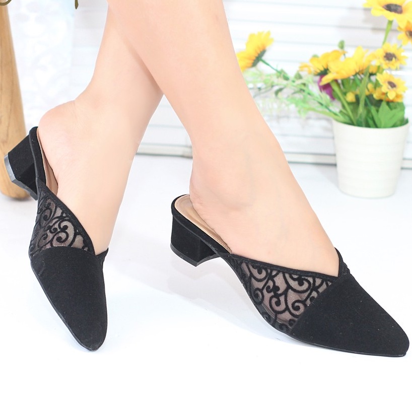 heels Kekinian kaca pesta premium import lancip W6I0 hak tahu slop hak tahu bisa cod hitam 3cm Chunk