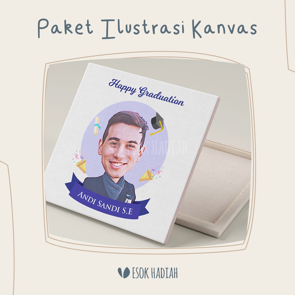 ESOKHADIAH ~ Ilustrasi Sketsa Karikatur KANVAS + Kado Gift Box, Hadiah Foto Wisuda, Wedding, Anniver
