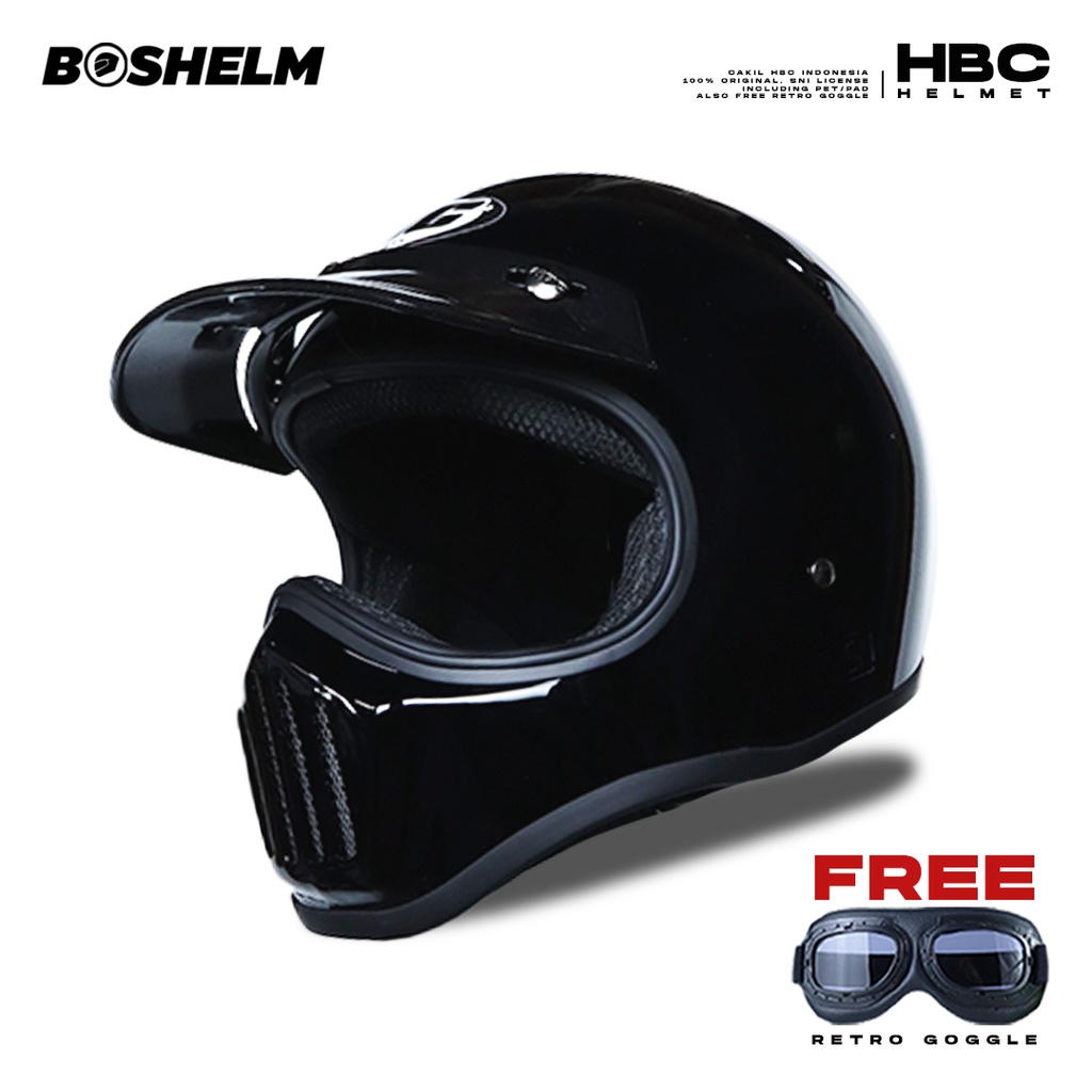 BOSHELM Helm Cakil HBC HITAM GLOSSY Helm Retro Full Face SNI