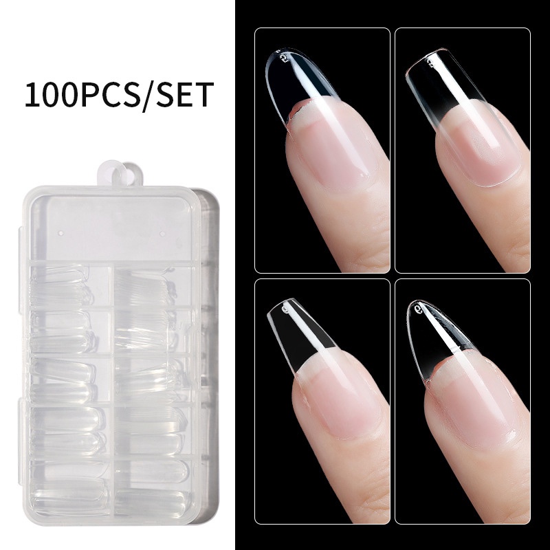 100pcs / Kotak Kuku Palsu Full Cover Bahan Akrilik Bening Natural Untuk Nail Art