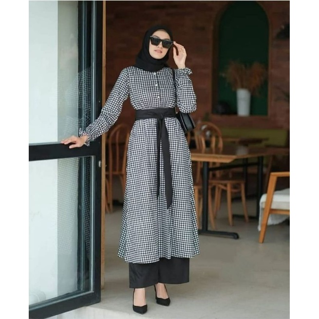 Atasan tunik + Celana Wanita Terbaru 2021 / Square Set motif Kotak-Kotak Kekinian