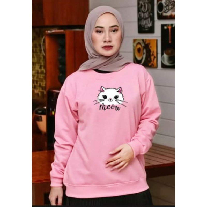 Kaos Lengan Panjang kepala MEOW / Kaos Sweatshirt / Atasan Wanita / Atasan Wanita Lengan Panjang