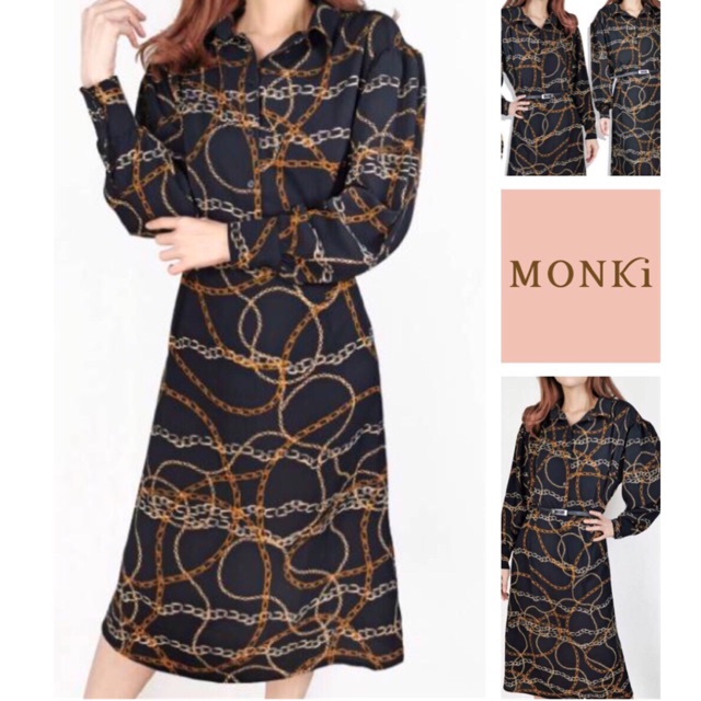(J878)Monki by H&M chain print puff sleeve maxi shirt dress