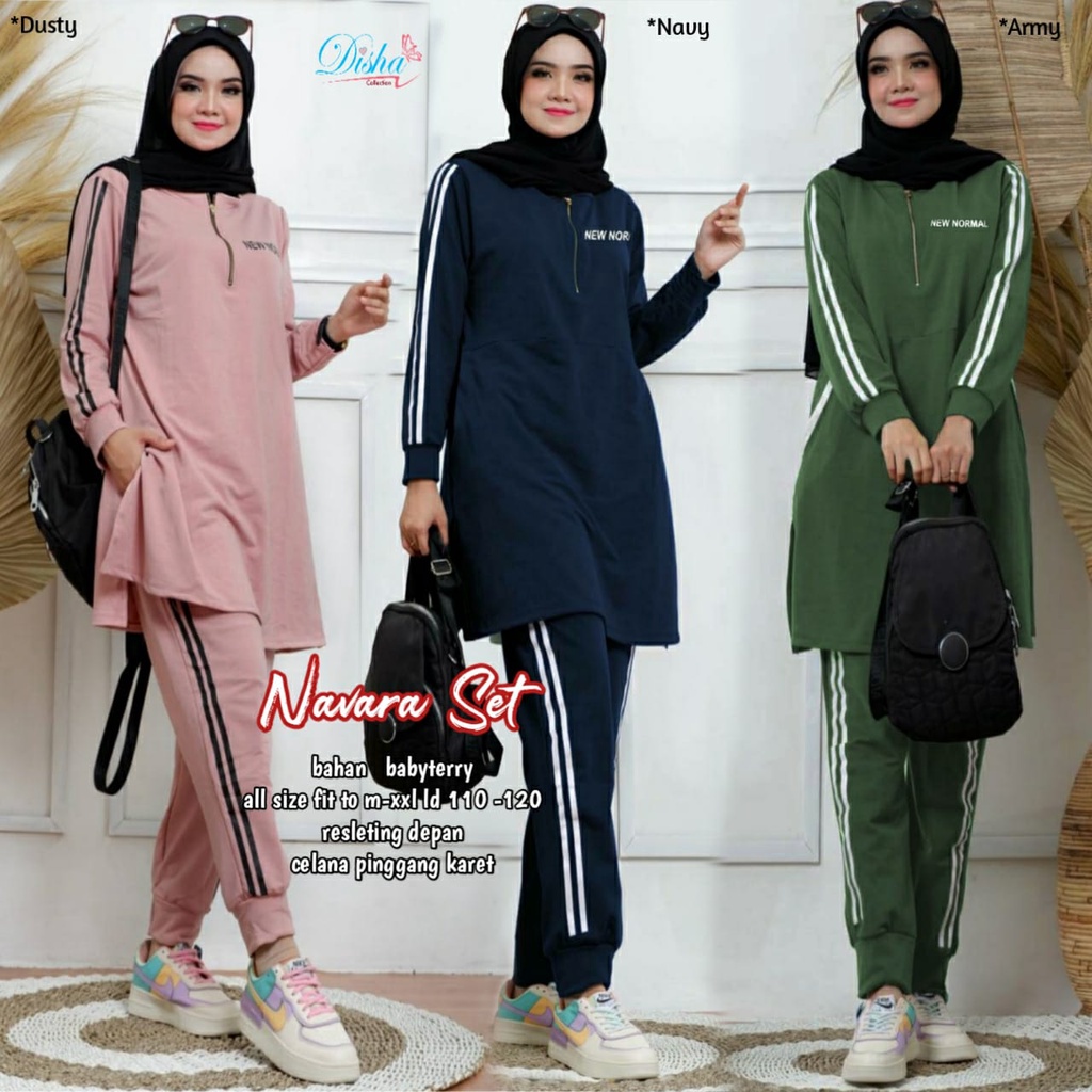 NAVARA SET BY DISHA SETELAN SETCEL ONE SET TUNIK PANTS JUMBO OLAHRAGA MUSLIM SPORTY BAHAN BABYTERRY 