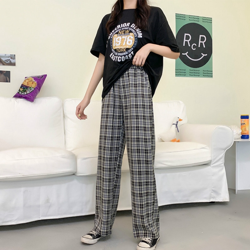 yikoo-Celana baggy wanita korea long pants kotak celana