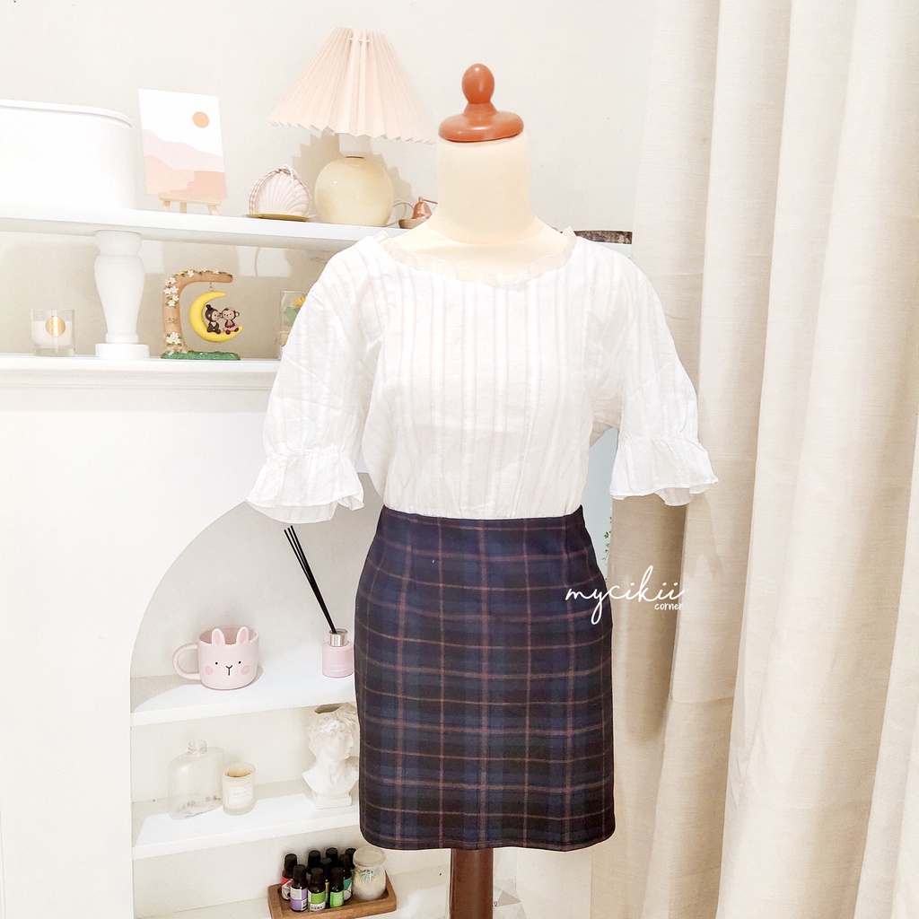 MyCikii Dark Navy Plaid Skirt / rok import korea / rok mini wanita / rok casual kotak-kotak / rok wa