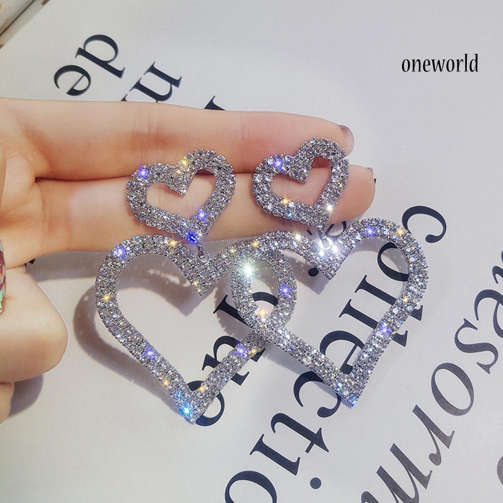 OW@ Luxury Full Rhinestone Hollow Dual Love Heart Women Stud Earrings Jewelry Gift