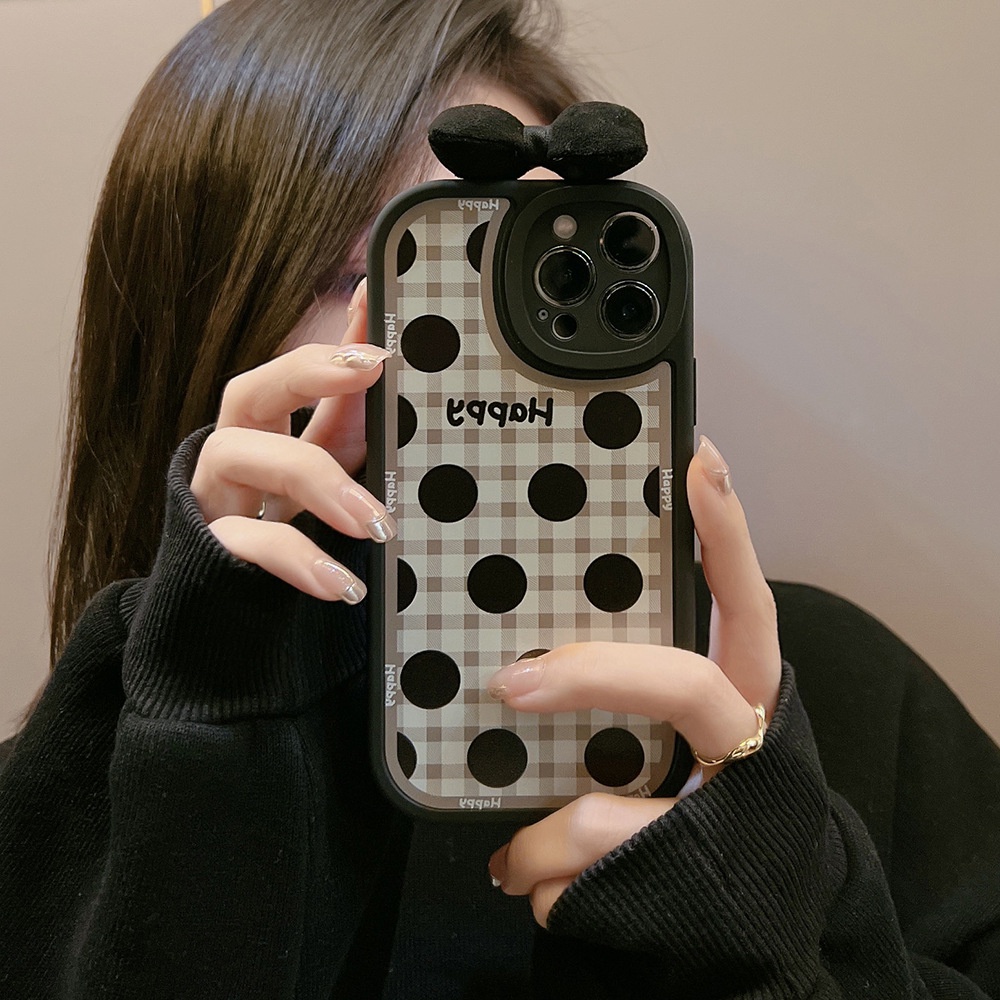 IPHONE Sarung Silikon Motif Kotak-Kotak Polkadot Hitam Cewek Keren Untuk Iphone7 8 PLUS X XR XS 11 12 13 14 MINI PRO MAX SE 2020 Case Dengan Busur Simpul 3D