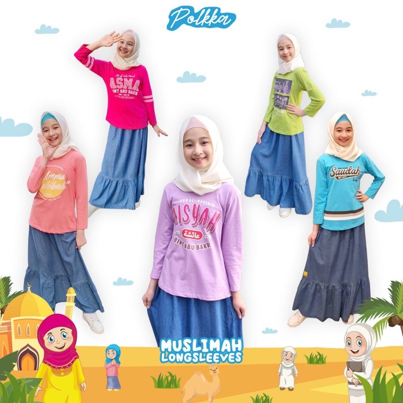 Kaos anak perempuan muslimah longsleeve wanita mulia polkka size 6-14 T kaos sahabat nabi polkka