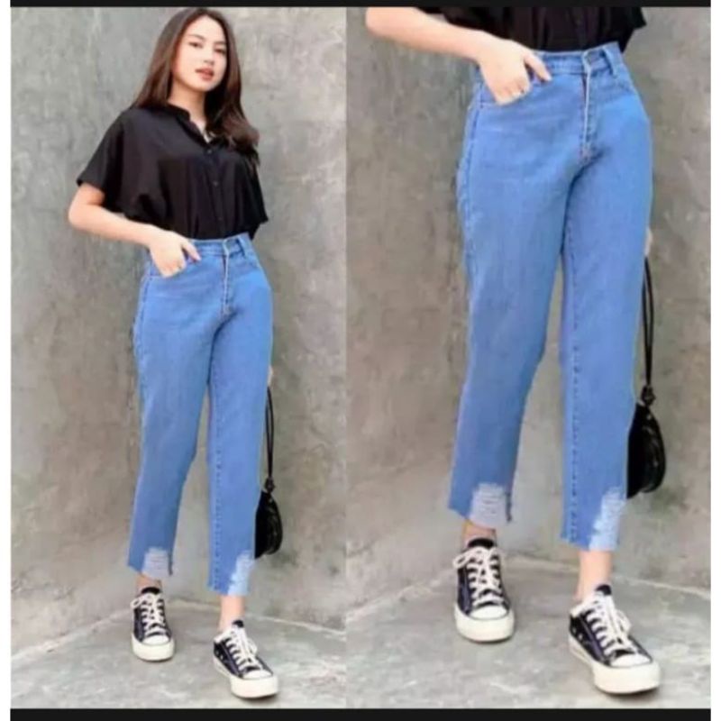 Celana kulot jeans sobek bawah wanita celana hits celana boyfriend