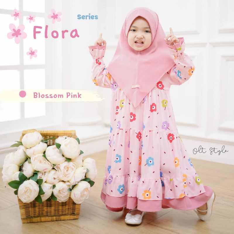 ready , flora gamis anak set by ollet blossom pink , gamis anak perempuan set