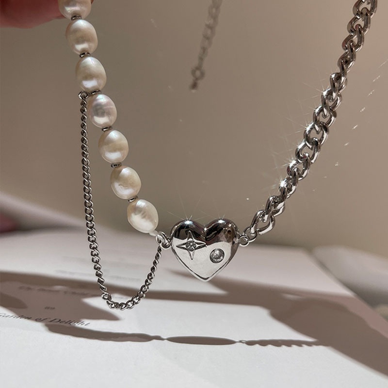 South Korea's New Natural Pearl Love Stitching Necklace Female Ins Trend Hip-hop Clavicle Chain Summer Light Luxury Niche Design Sense Simple Fashion Accessories Jewelry Gifts