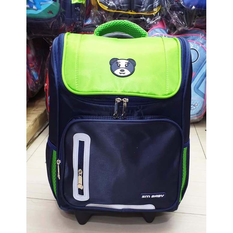 TAS TROLLEY DORONG ANAK SEKOLAH SD ( 16&quot; )LAKI LAKI PANDA POLOS + PANDA DINO KARAKTER SUPER JAGOAN BINTANG KAIN NYLON IMPORT ( PANDA 16inch SD )