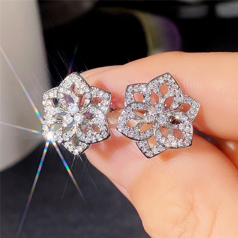 Anting Stud 925 Sterling Silver Desain Bunga Lab Aksen Berlian Untuk Wanita