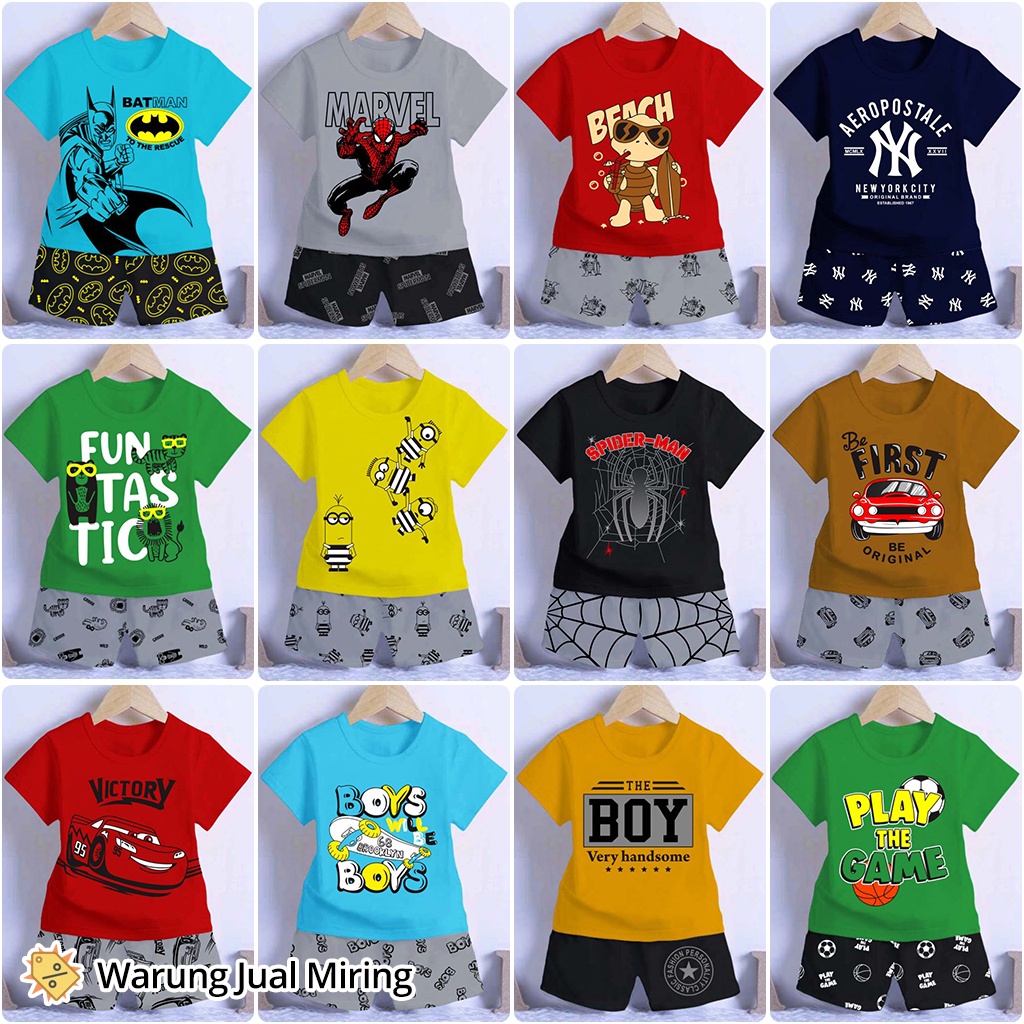 Setelan Anak Laki 0-4 Tahun Kaos Celana Pendek Harian Santai Atasan Bawahan Motif Gambar Karakter Spiderman Minion Set Baju Terbaru Keren Superhero Hitam Biru Polos Impor Pakaian Newborn Baby Bayi Balita Odom Umur Usia Bulan 1 2 3 5 6 7 8 9 10 11 12 18