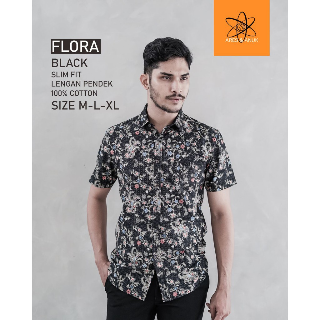 FLORA BLACK Kemeja Batik Pria Lengan Pendek | Hem Batik Pria Casual SLIMFIT ARESANUK