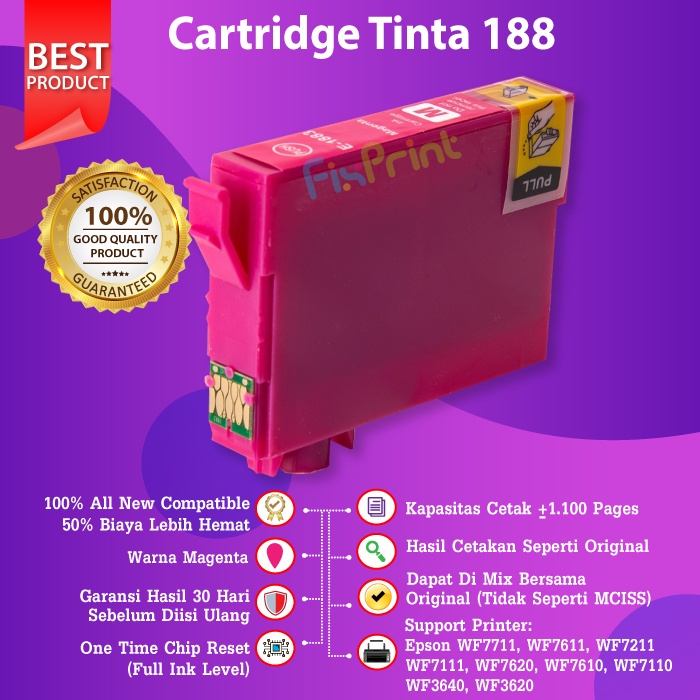 Cartridge Tinta Epson 188 C13T188 Printer WF7711 WF7611 WF7610 WF7612 Black Cyan Magenta Yellow