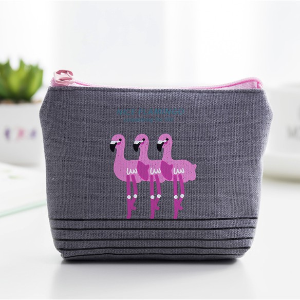 Pouch Mini / Dompet Koin Motif Gambar Burung FLAMINGO Lucu Bahan Kanvas Dengan Resleting