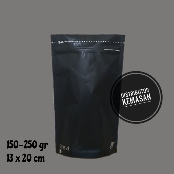 Kemasan Stand Standing Pouch Full Aluminium Foil Black Hitam Doff Matte Zipper Klip 250g