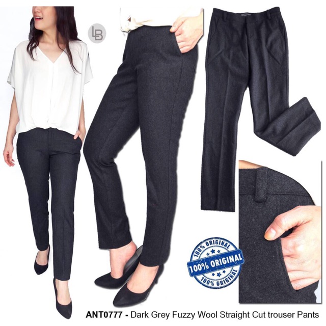 Ann Taylor Dark Grey Fuzzy Wool Straight Cut trouser Pants