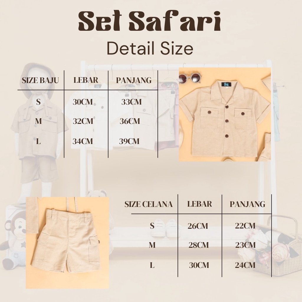 DEZATA Set Safari - Setelan Anak 1-6 Tahun Setelan Outing Anak Setelan Baju Celana Dan Topi Anak Laki-laki Dan Perempuan