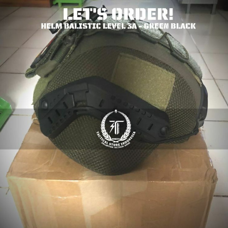 Helm Tactical Balistic Level 3A Anti Peluru Warna Hijau Rail Hitam Versi Kuping Panjang