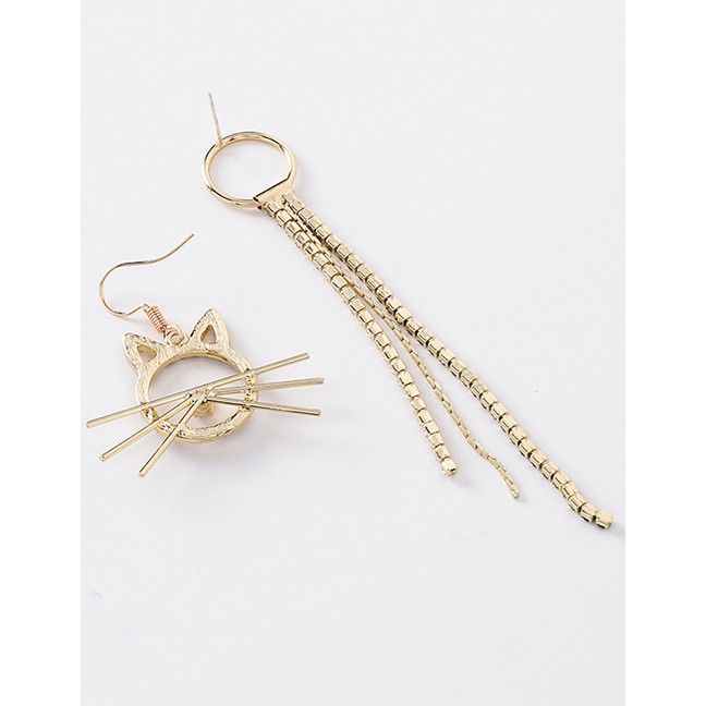 LRC Anting Tusuk Fashion Gold Asymmetrical Cat Full Of Tassel Earrings D48778