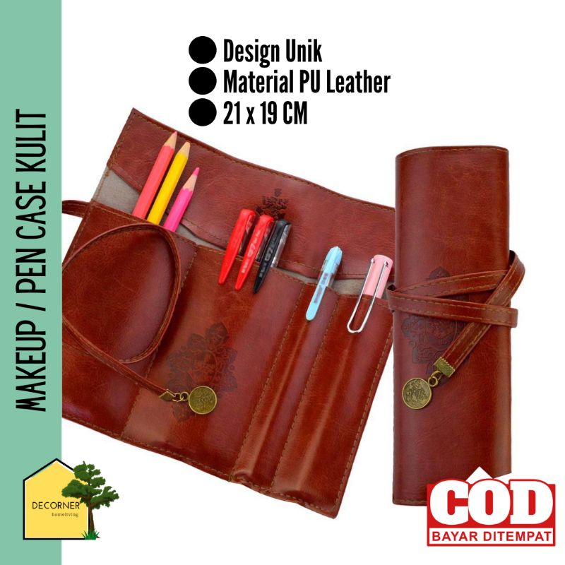 

Tempat Pensil Unik Kulit Pencil Makeup Travel Leather Case Vintage Dompet Kuas Makeup Kulit Model Tali