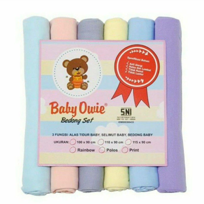 6 Pcs (1/2 Lusin) Bedong Bayi 90x100 cm Rainbow BABY OWIE POLOS | FLOWER PRINT Halus Bedong Set / Alas Tidur