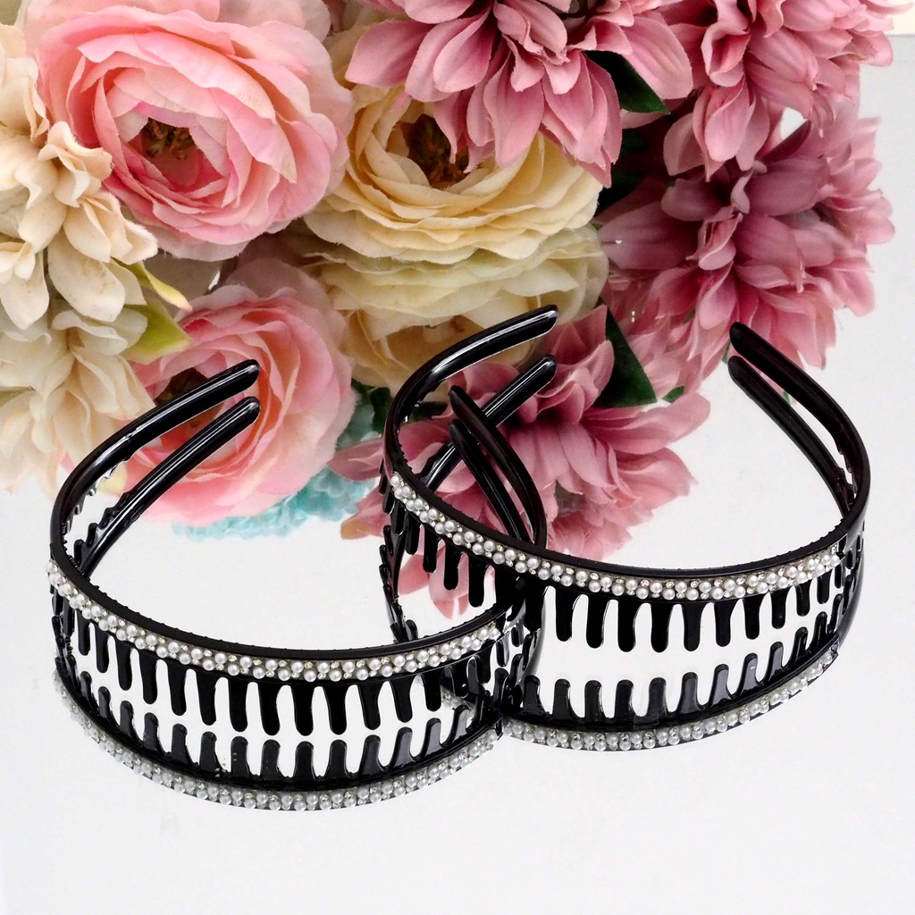 Bando Sirkam Korea Permata Elegant Warna Hitam Comb Headband Aksesoris Rambut Wanita Murah