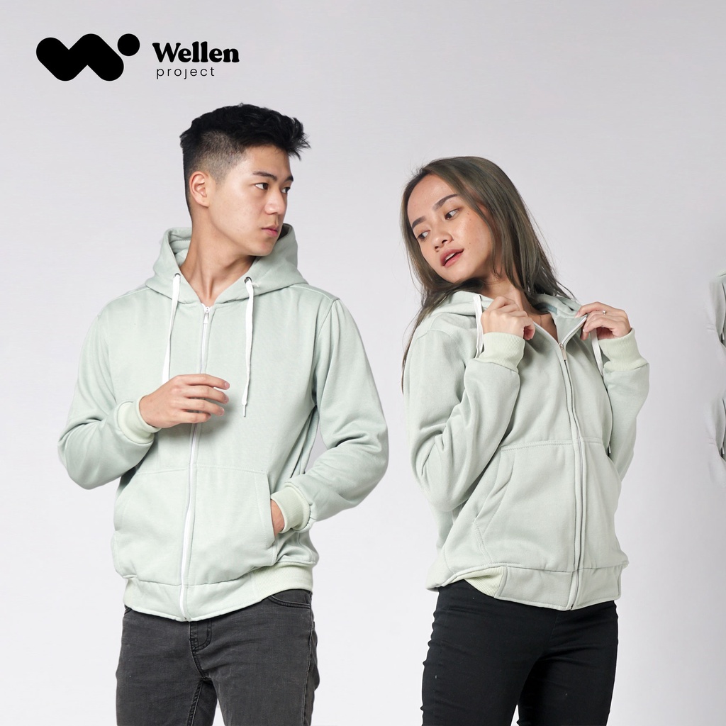 WELLEN PROJECT Hoodie Zipper Sage Green Jaket Sweater Resleting Hijau Muda Polos Pria Wanita Unisex