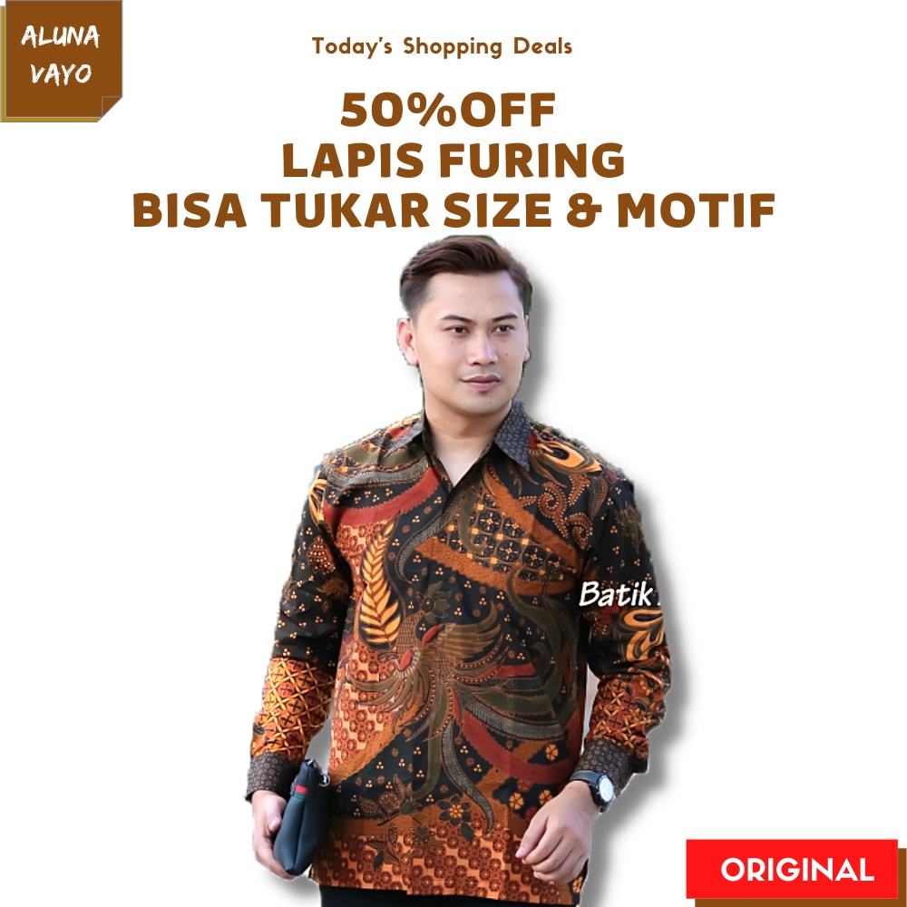 Baju Kemeja Kameja Atasan Hem Pakaian Batik Pria Lengan Panjang Kekinian Set Abu Aluna Ungu Original