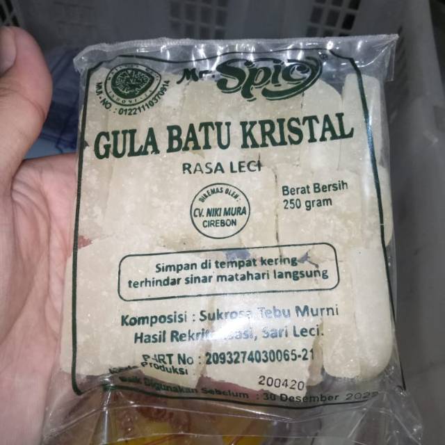 

Gula Batu Kristal Rasa Leci Merk Mr. Spicy Kemasan 250 Gram