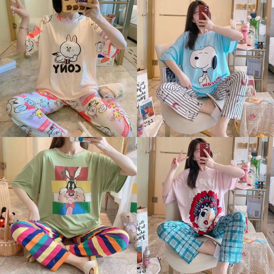 BAJU TIDUR KAOS OBLONG OVERSIZE SETELAN CELANA PANJANG KARET MOTIF CUTE BEST SELLER TERBARU PIYAMA