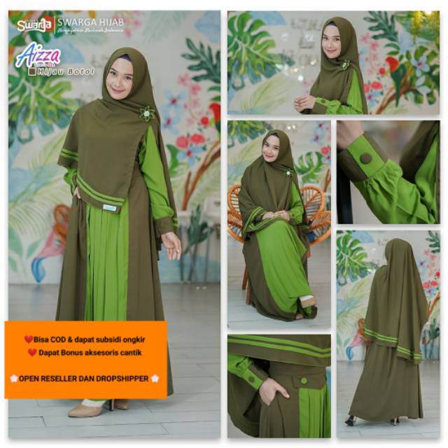 Gamis Aizza Set Syari warna Hijau Botol (Bonus Bros) Original by Swarga Hijab Syari