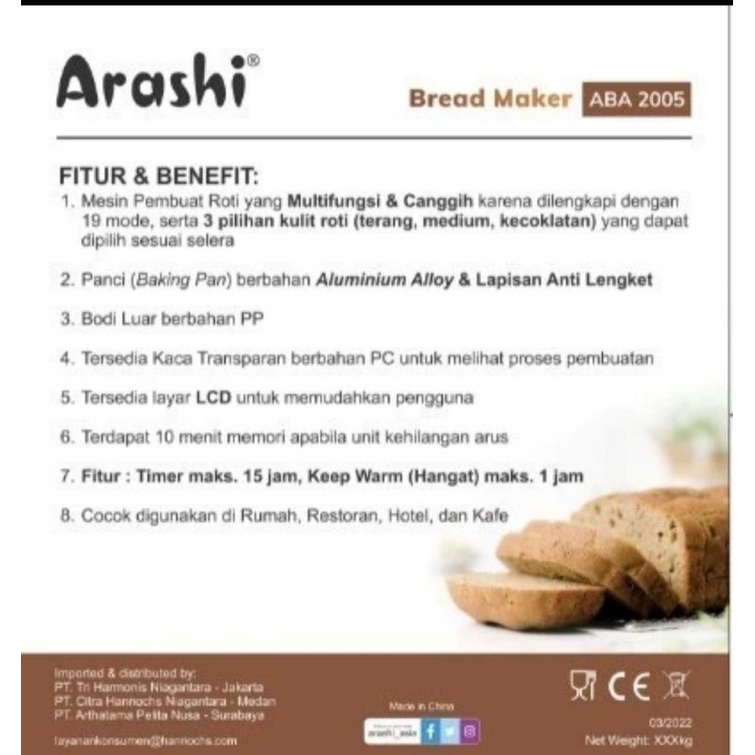 ARASHI Bread Maker ABA 2005 Mesin Pembuat Roti ABA2005