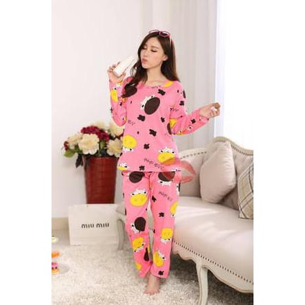 Baju Tidur Wanita / Piyama Wanita / Setelan Piyama / Sapi Pink