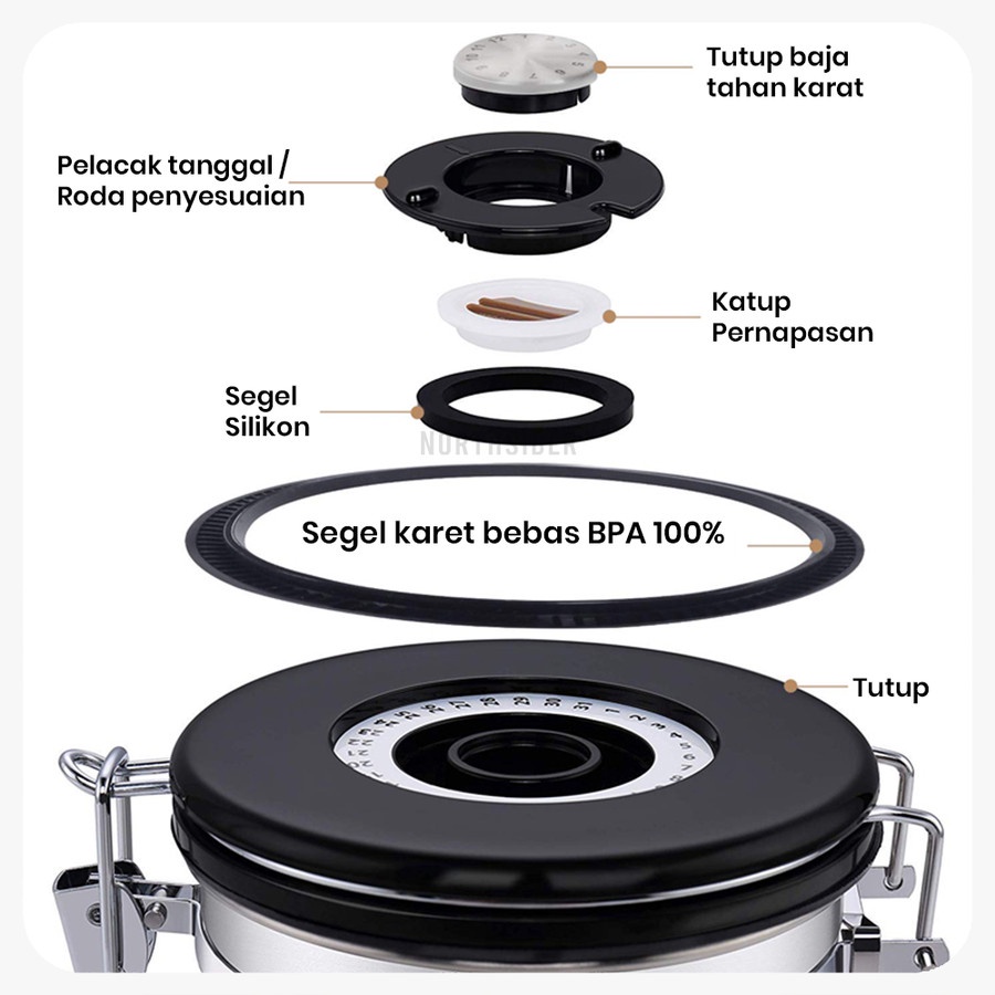 COFFEE STORAGE WITH SPOON+VALVE+DATE 1800ML - TOPLES KOPI KEDAP UDARA