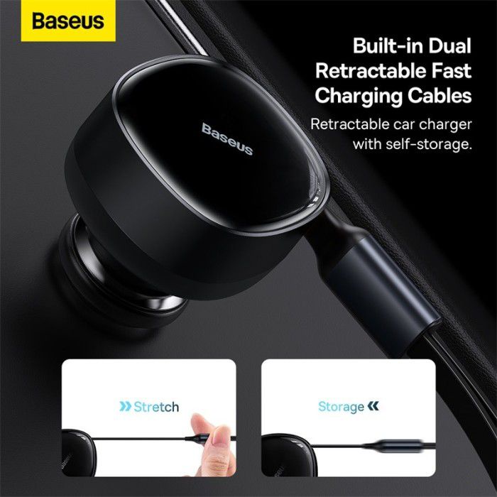 Baseus Car Charger 2 In 1 Cable Built In Type C 6 Lightning 30W Enjoyment Retractable Cable Max 75cm