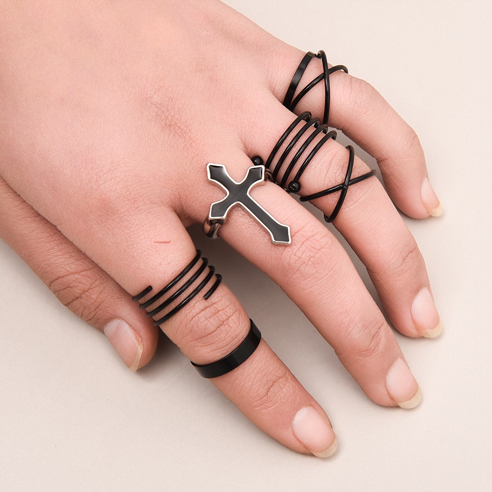 Rings Set Sambungan Alloy Knuckle Ring Untuk Wanita Mewah Hitam Geometris Punk Perhiasan Pesta Fashion Hadiah Pernikahan Logam Sederhana