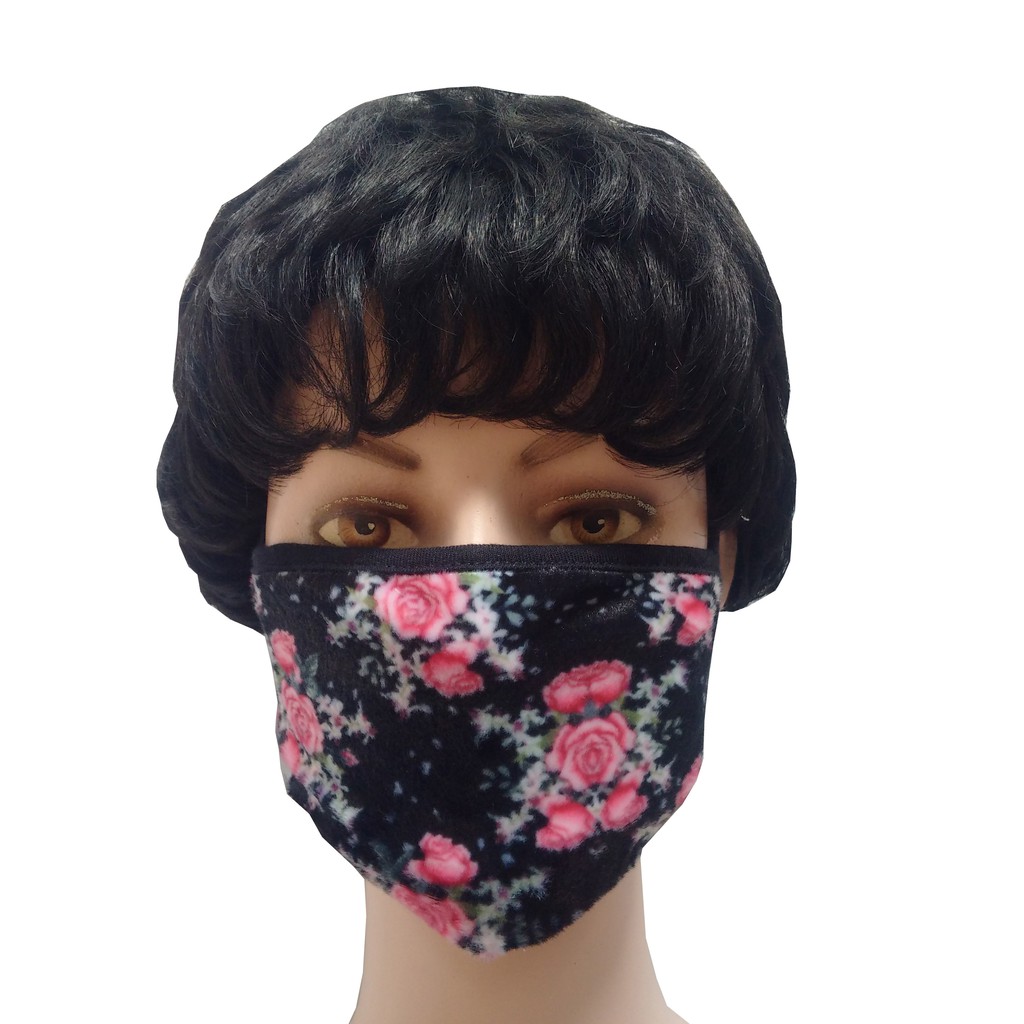 Masker Kain 3 Lapis ply Katun Motif Bunga Pink Latar Hitam -Tebal & Lembut