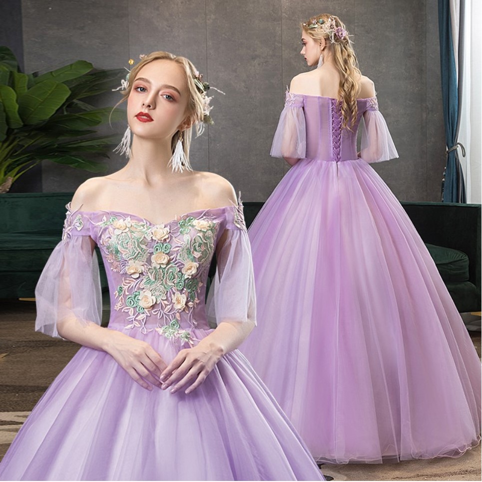 gaun pengantin ungu elegan off shoulder slim fit bordir renda gaun pesta pernikahan ball gown dress