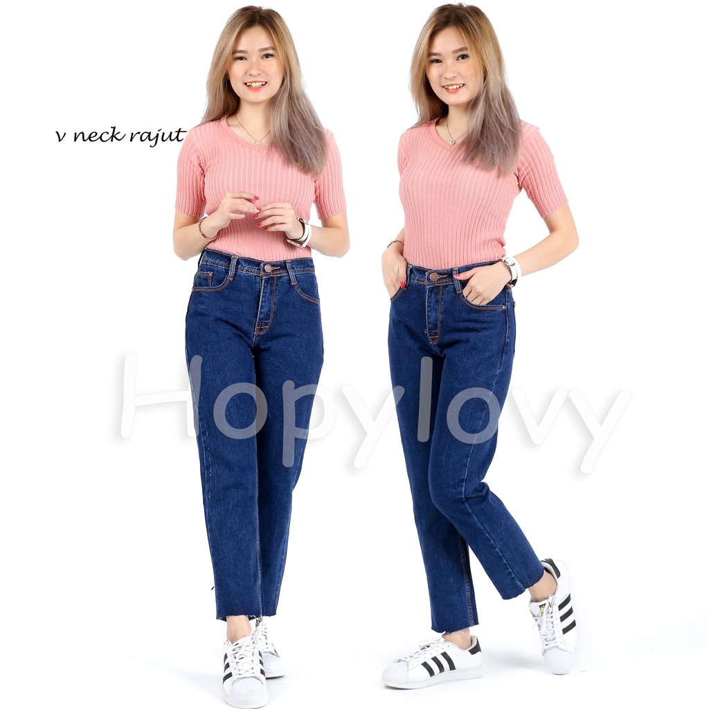 HOPYLOVY - Celana Jeans Boyfriend Wanita Unfinished Gisel