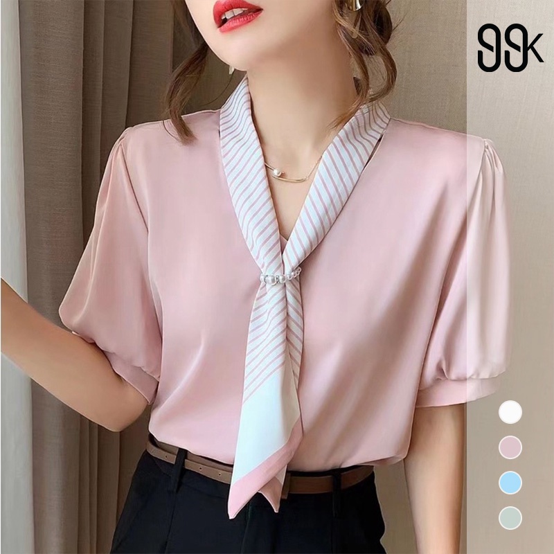 Women V Neck Puff Sleeve Blouse With Silk Scarf Atasan Wanita Lengan Pendek 2056